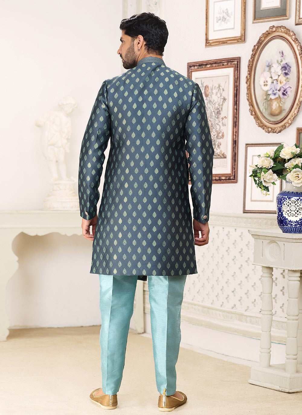 Fancy Work Banarasi Jacquard Grey Indo Western - M5211