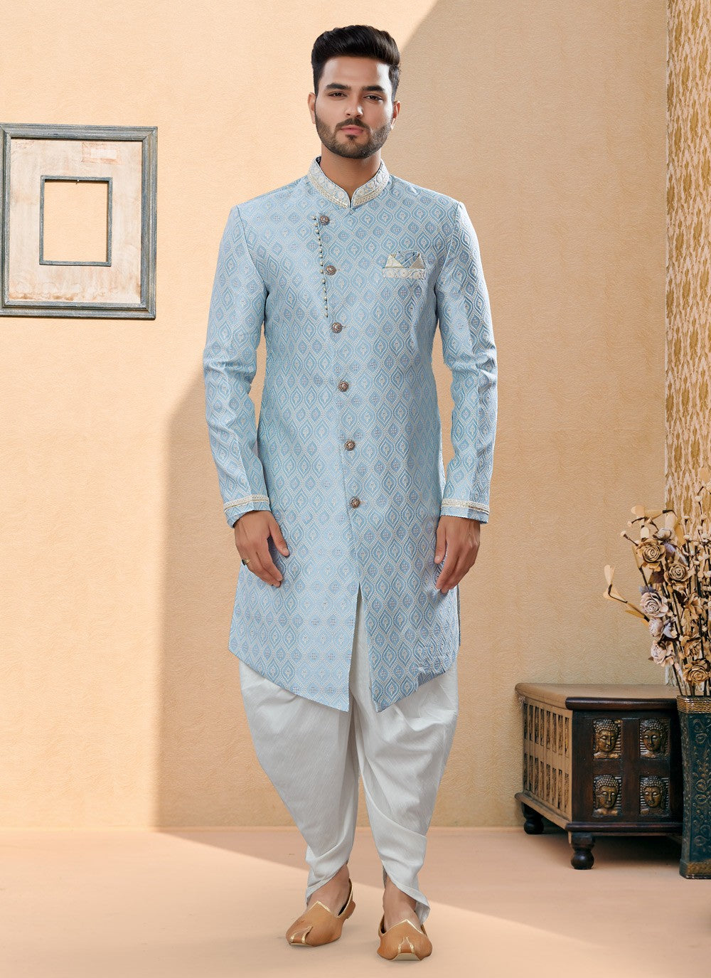 Thread Banarasi Jacquard Grey Indo Western Sherwani - M3901