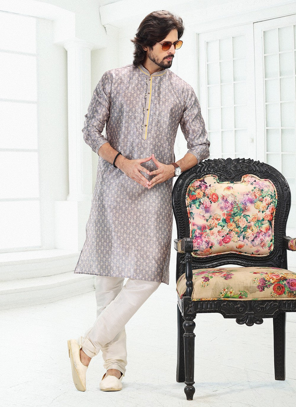 Digital Print Banarasi Silk Grey Kurta Pyjama - M4918