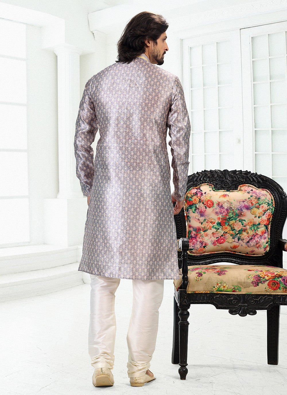 Digital Print Banarasi Silk Grey Kurta Pyjama - M4918