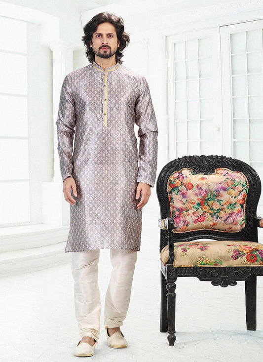 Digital Print Banarasi Silk Grey Kurta Pyjama - M4918