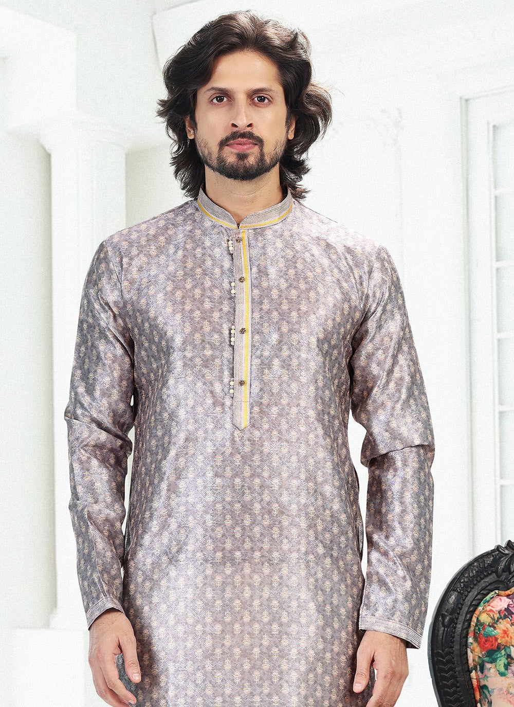 Digital Print Banarasi Silk Grey Kurta Pyjama - M4918