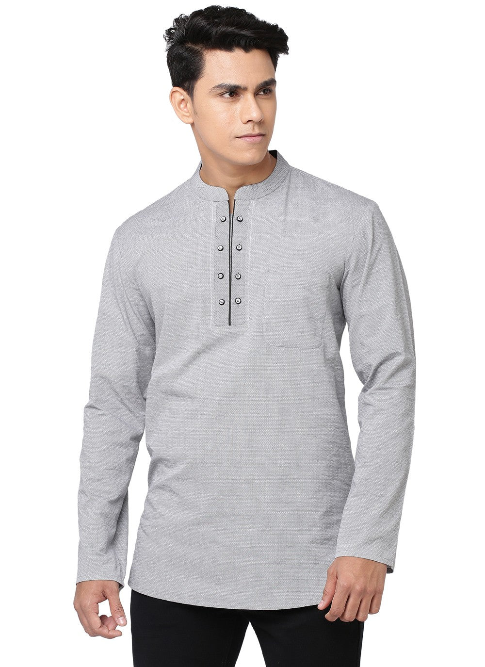 Plain Blended Cotton Grey Short Kurta - M4407