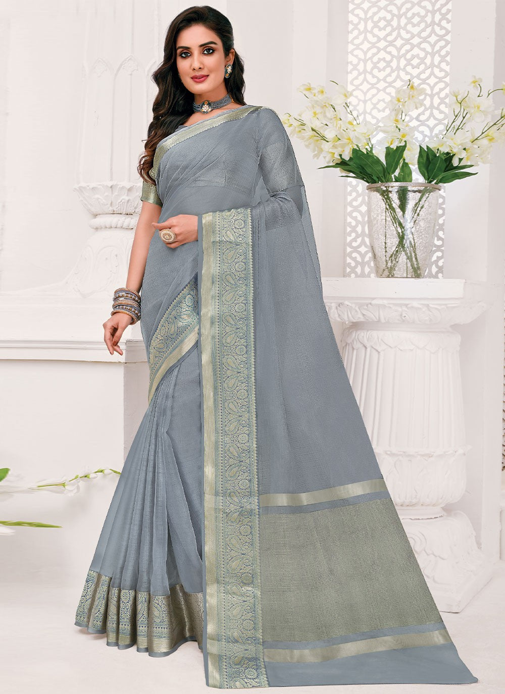 Classic Border Work Organza Saree - S1466