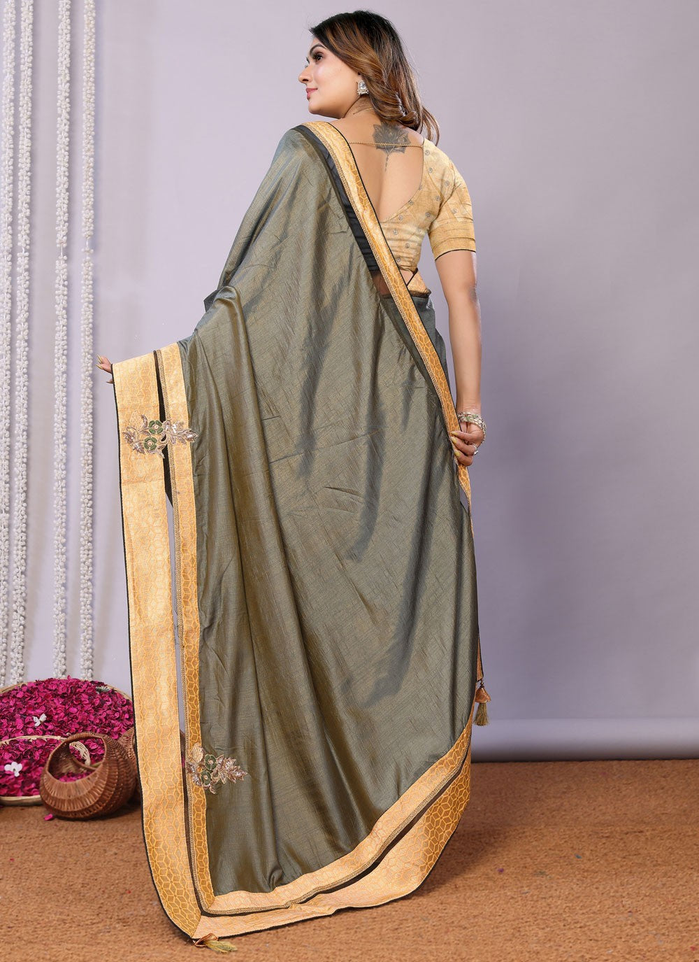 Classic Embroidered Tussar Silk Pink Saree - S10707