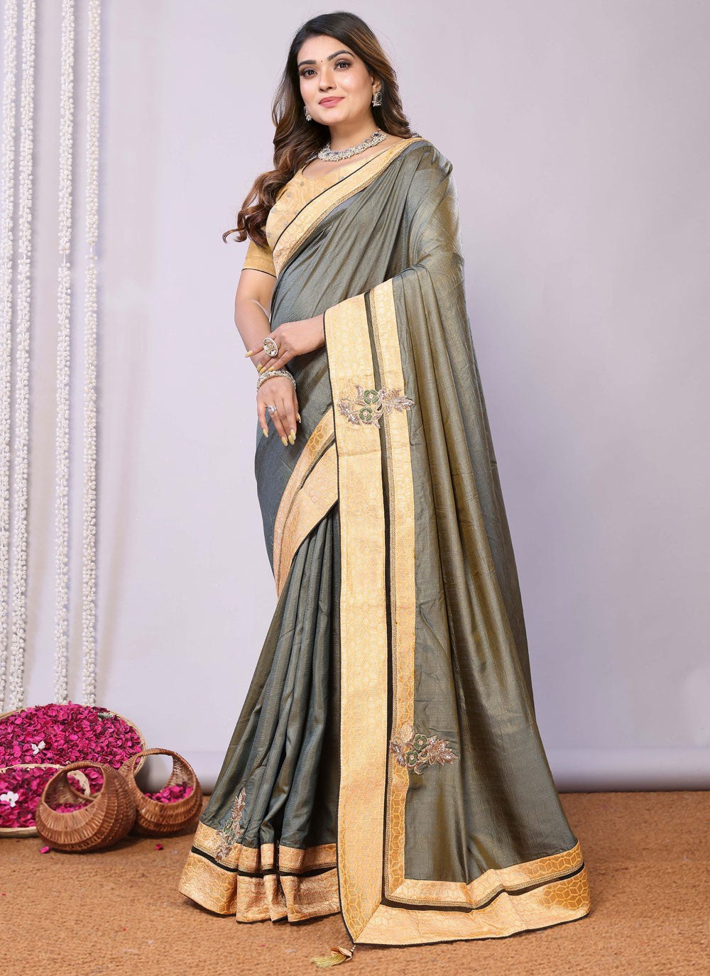 Classic Embroidered Tussar Silk Pink Saree - S10707