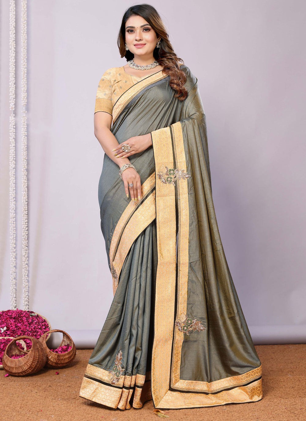 Classic Embroidered Tussar Silk Pink Saree - S10707