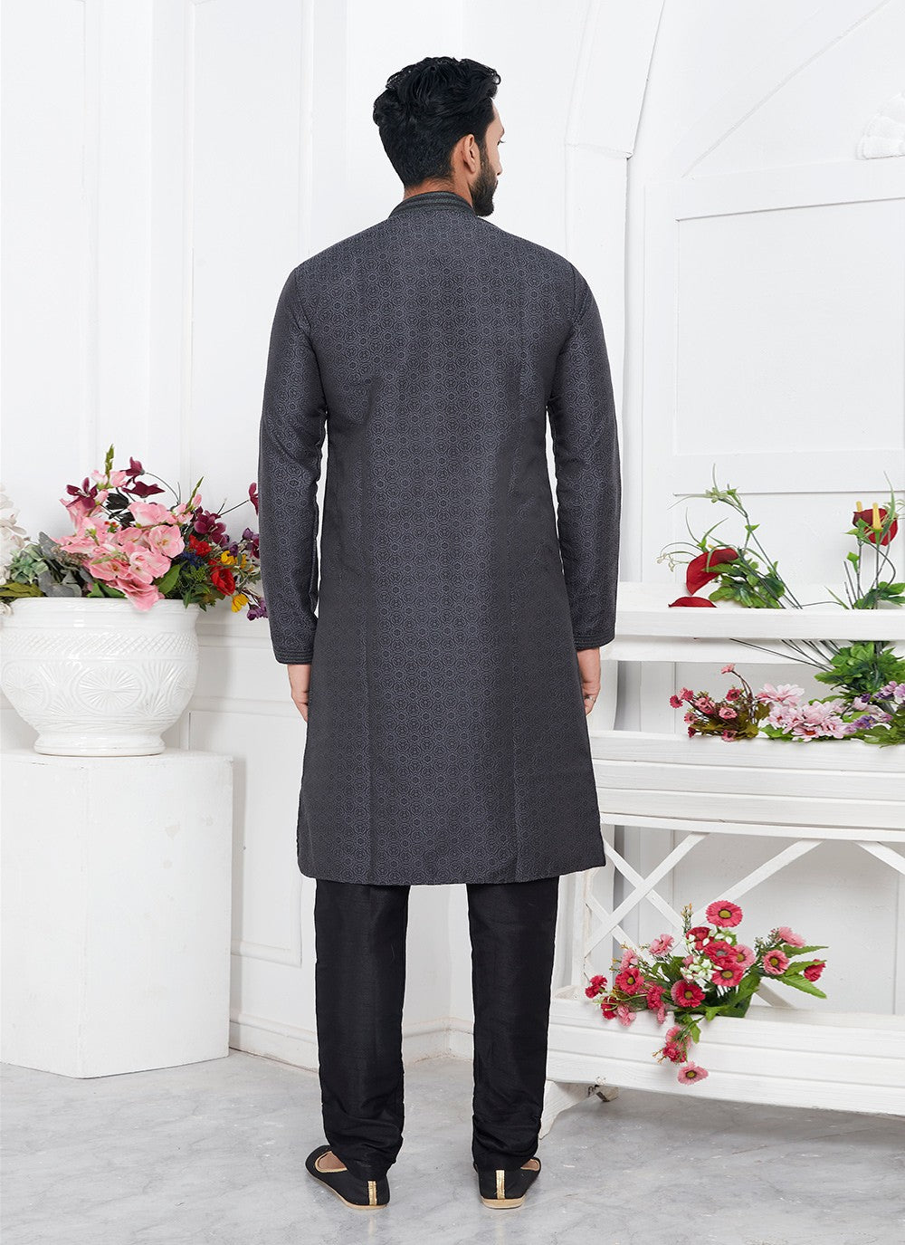 Pintex Brocade, Jacquard Silk Grey Kurta Pyjama - M7774