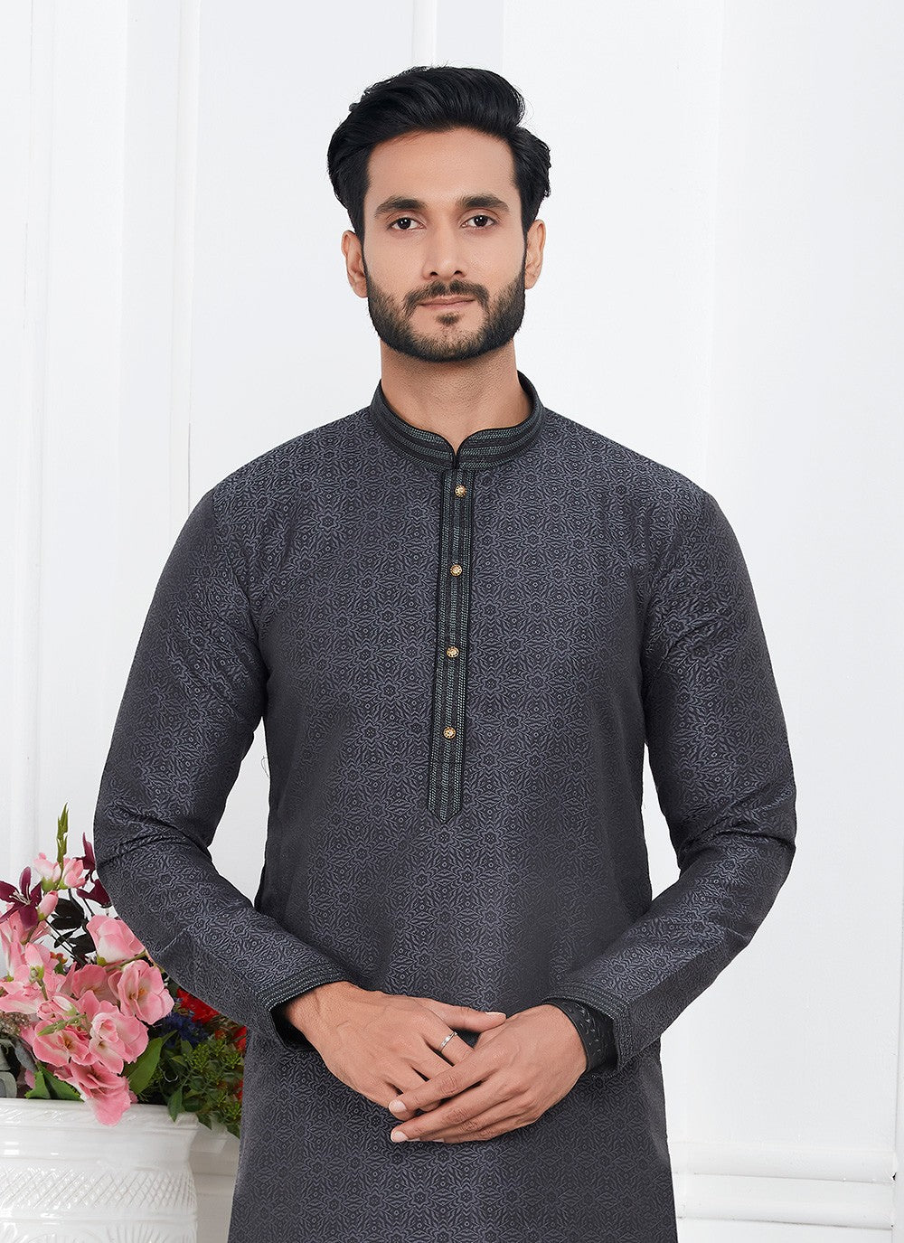 Pintex Brocade, Jacquard Silk Grey Kurta Pyjama - M7774