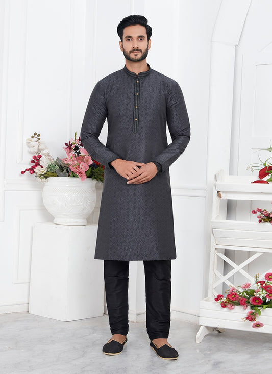 Pintex Brocade, Jacquard Silk Grey Kurta Pyjama - M7774