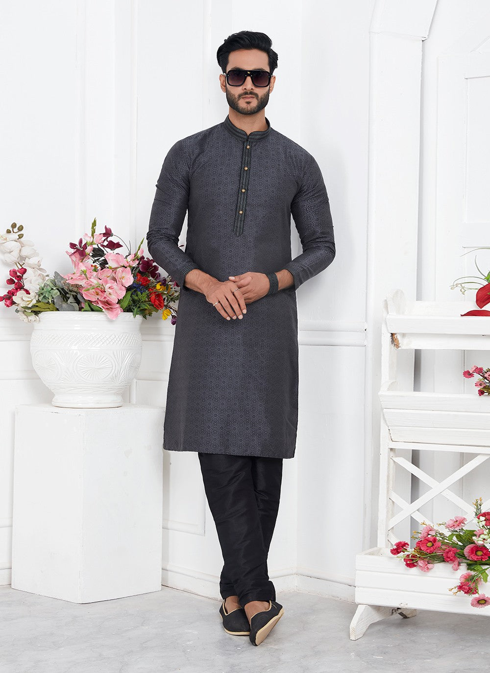 Pintex Brocade, Jacquard Silk Grey Kurta Pyjama - M7774