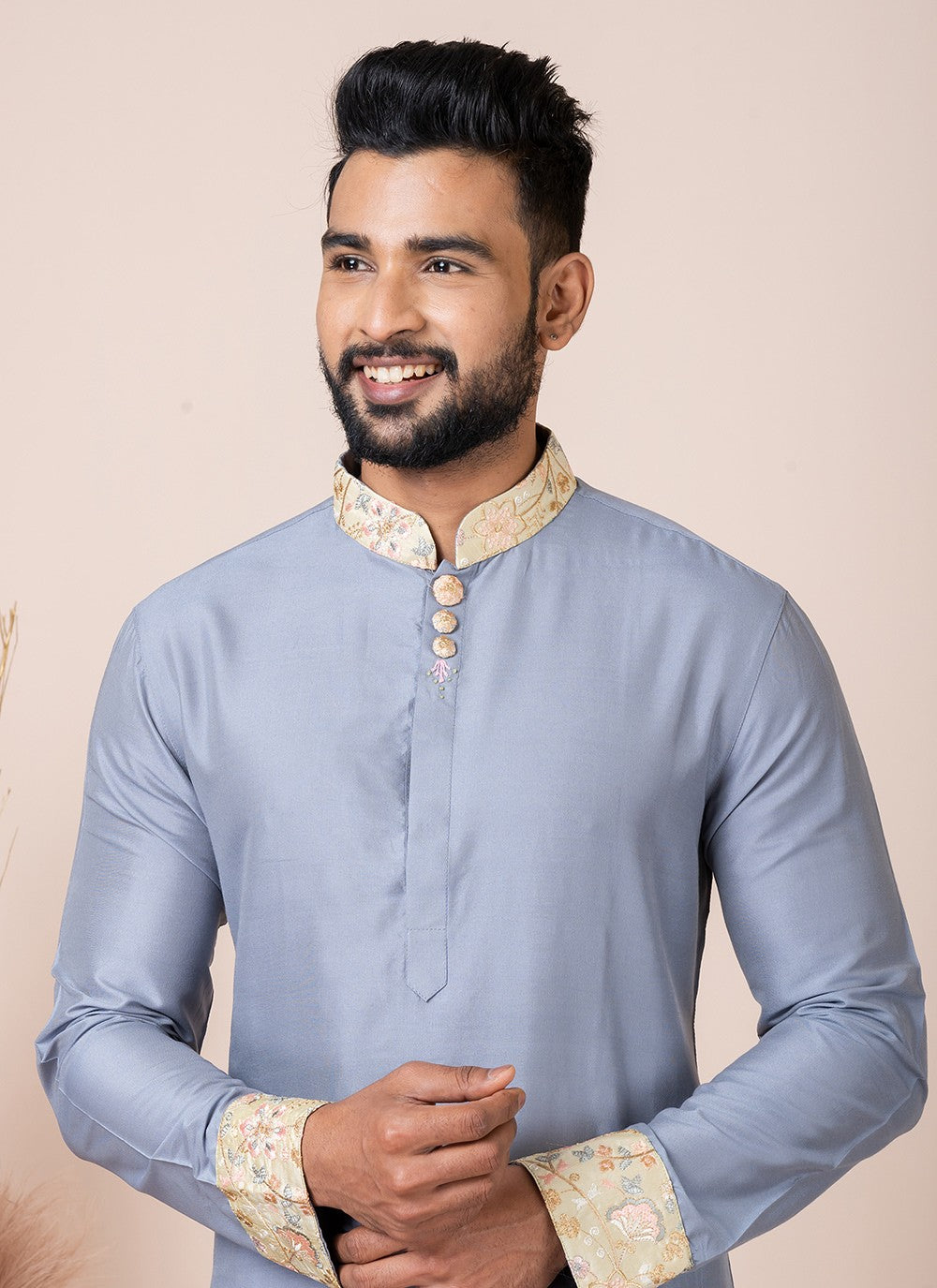 Buttons Viscose Grey Kurta Pyjama - M8560