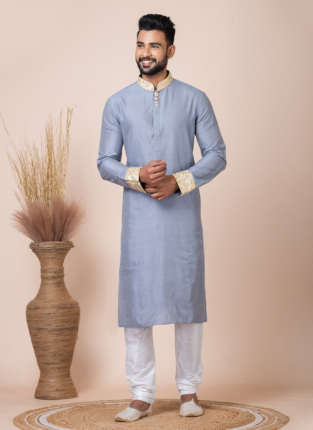 Buttons Viscose Grey Kurta Pyjama - M8560