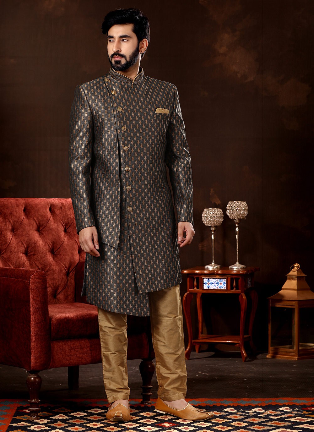 Hand Embroidery Fancy Fabric Grey Sherwani - M3073