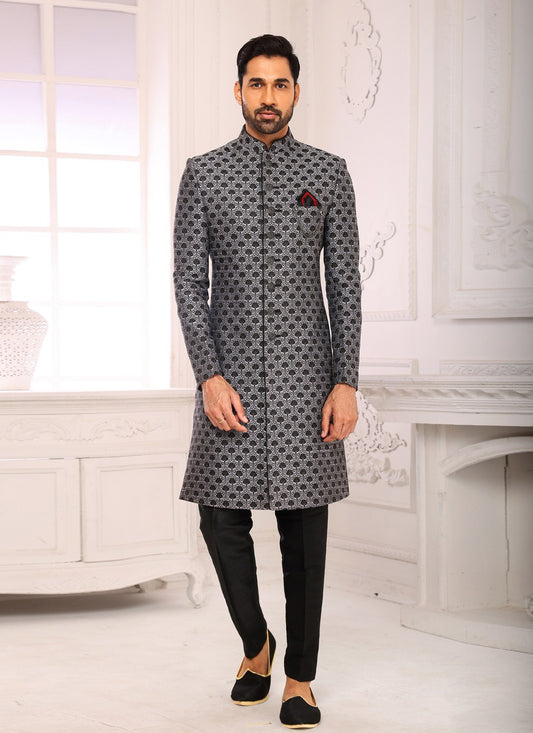 Jacquard Work Imported Grey Indo Western Sherwani - M3991