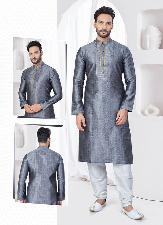 Machine Embroidery Jacquard Grey Kurta Pyjama - M7555