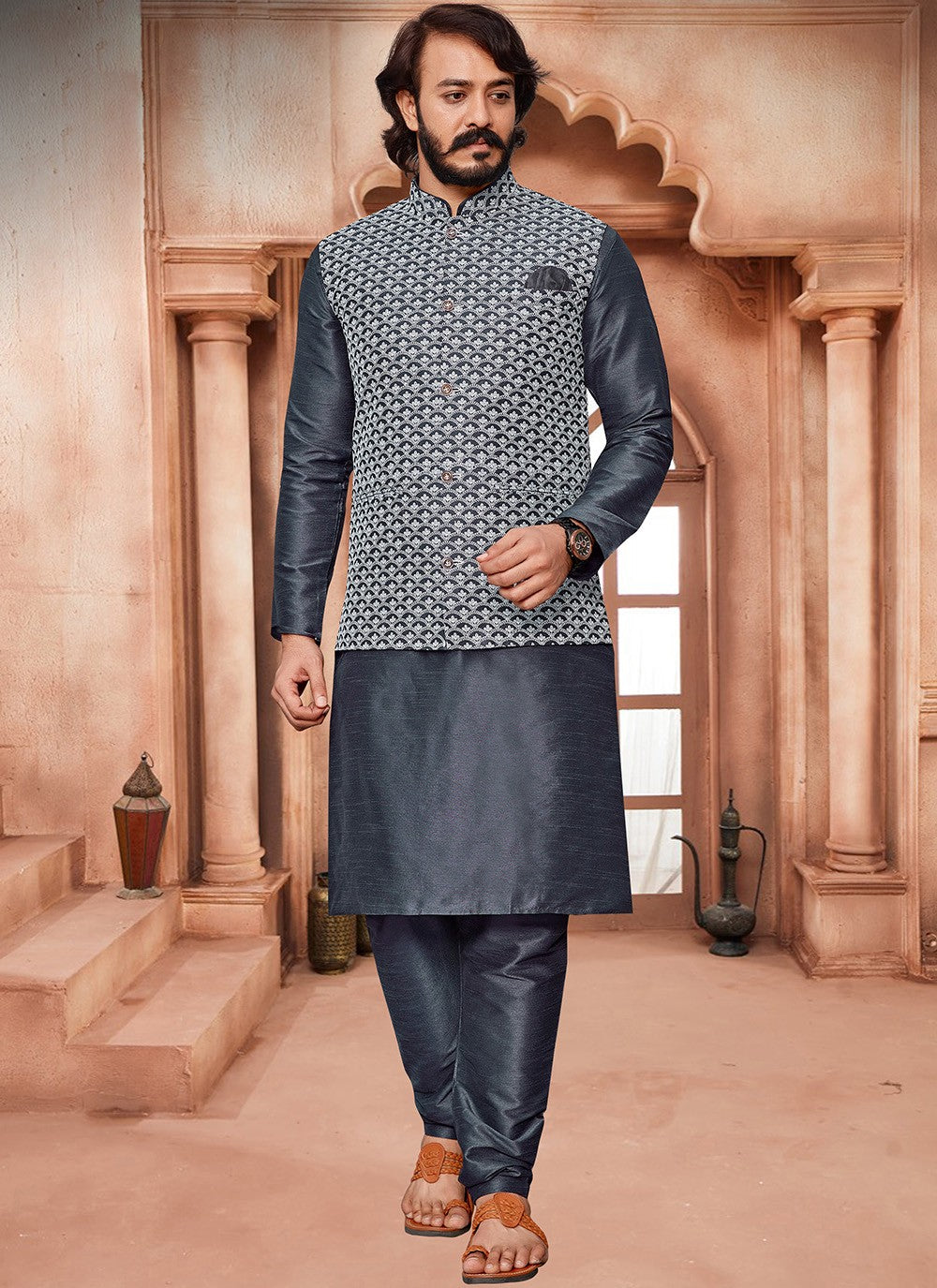 Lucknowi Work Art Silk Grey Kurta Payjama With Jacket - M2031