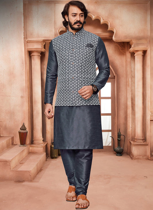 Lucknowi Work Art Silk Grey Kurta Payjama With Jacket - M2031