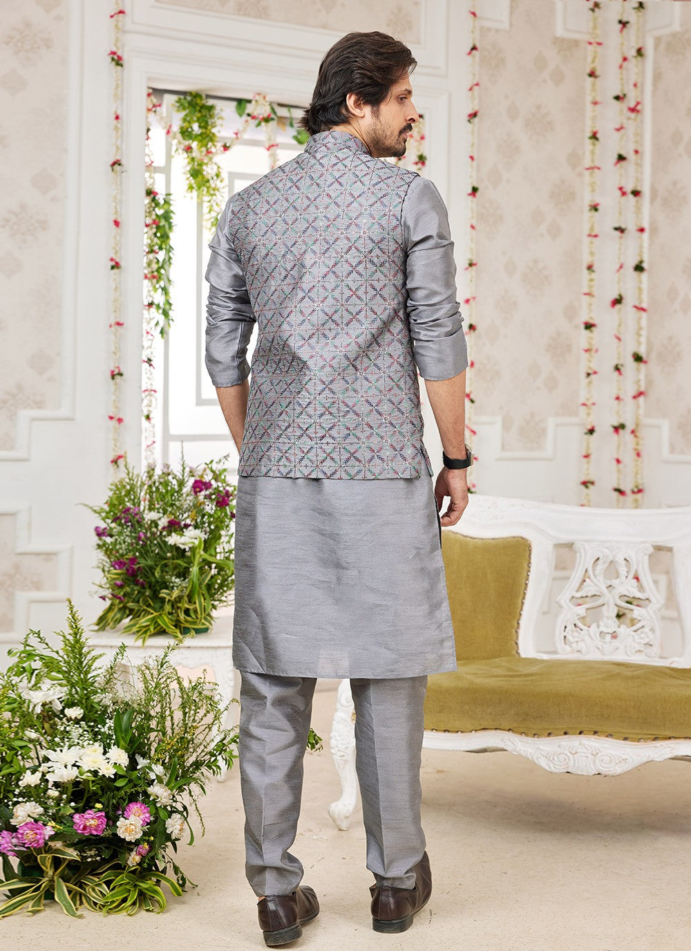 Machine Embroidery Banarasi Silk Grey Kurta Payjama With Jacket - M8753