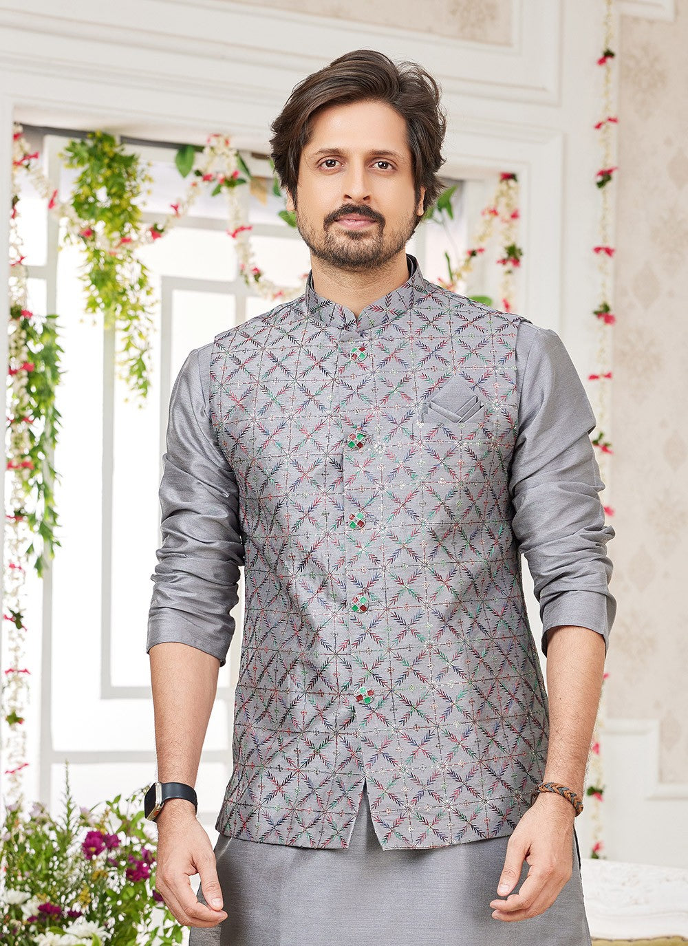 Machine Embroidery Banarasi Silk Grey Kurta Payjama With Jacket - M8753