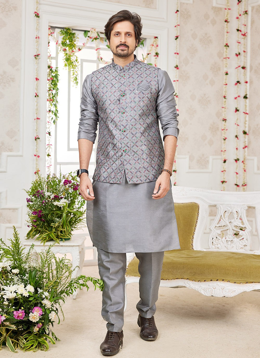 Machine Embroidery Banarasi Silk Grey Kurta Payjama With Jacket - M8753