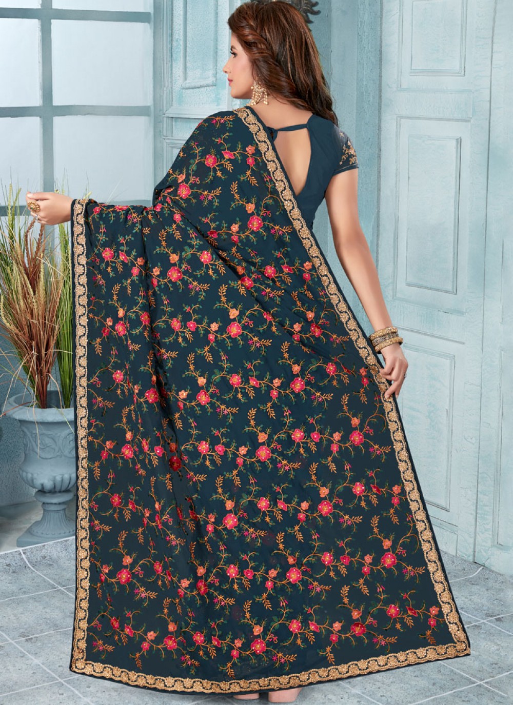 Classic Embroidered Faux Georgette Saree - S0238