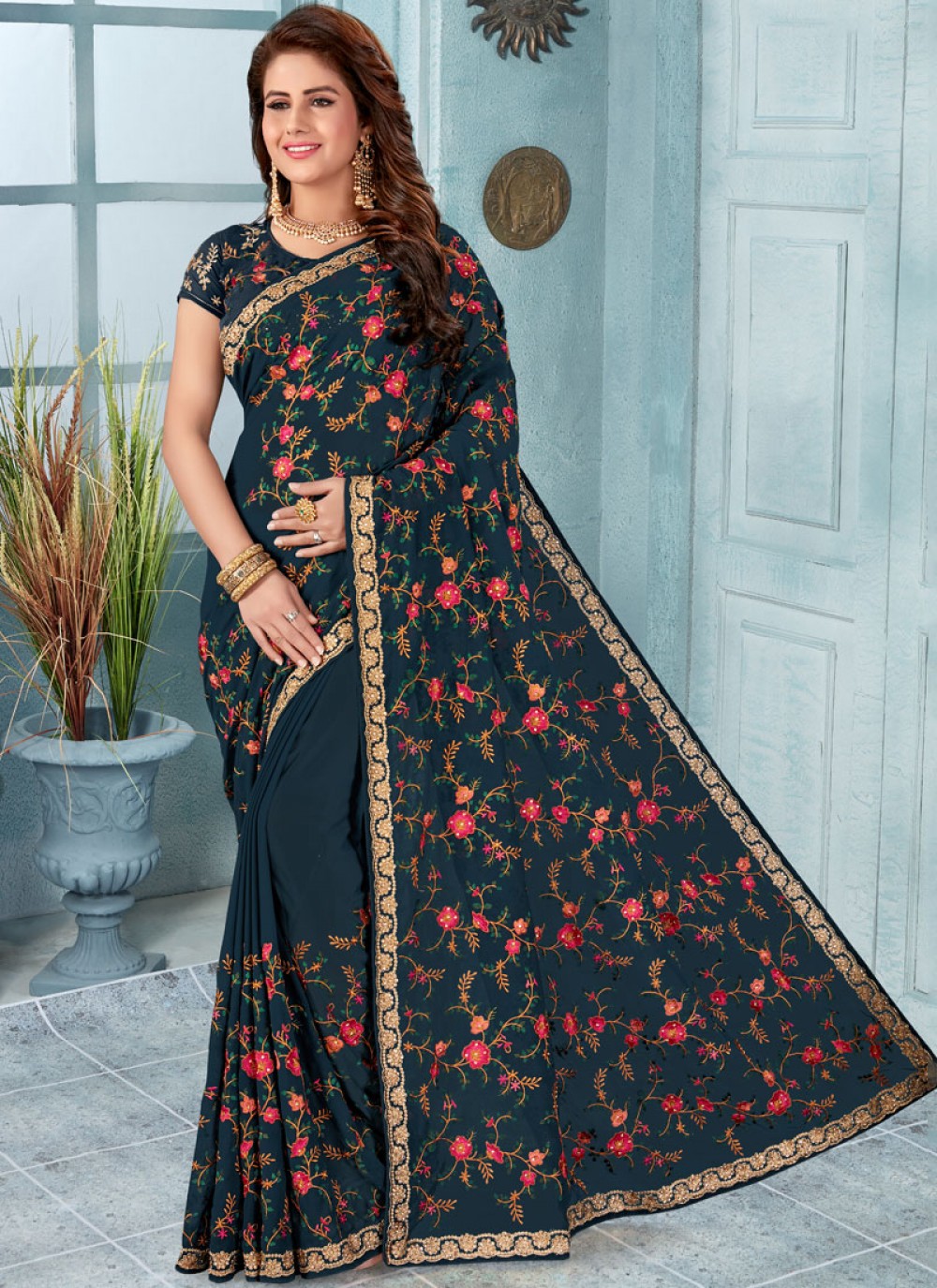 Classic Embroidered Faux Georgette Saree - S0238