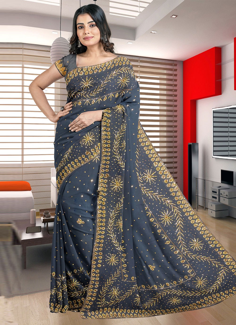 Classic Hand Embroidery Georgette Saree - S1972