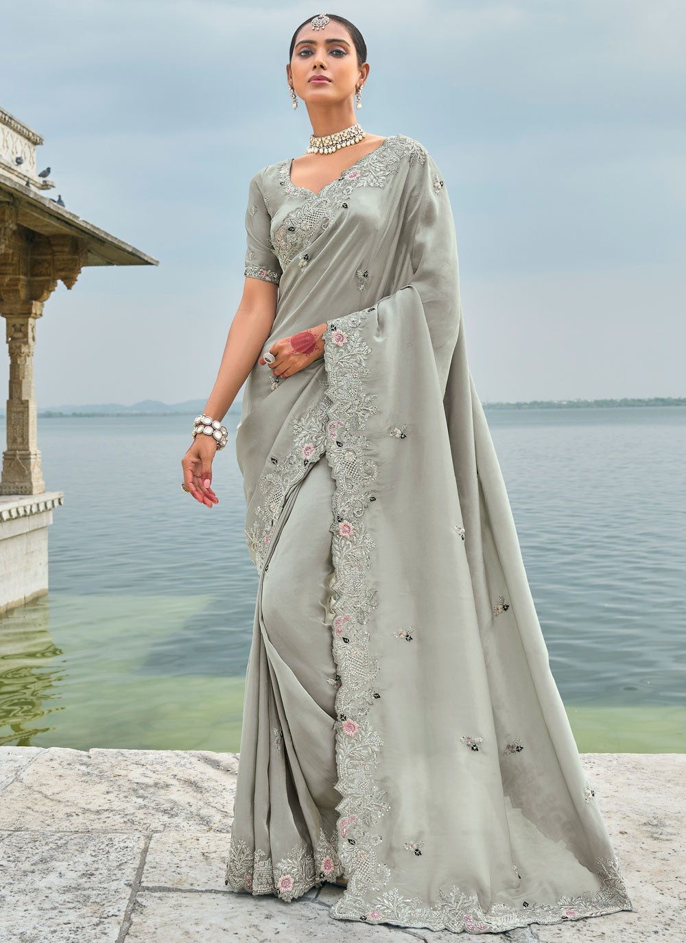 Classic Embroidered Kanjivaram Silk Cream Saree - S10755