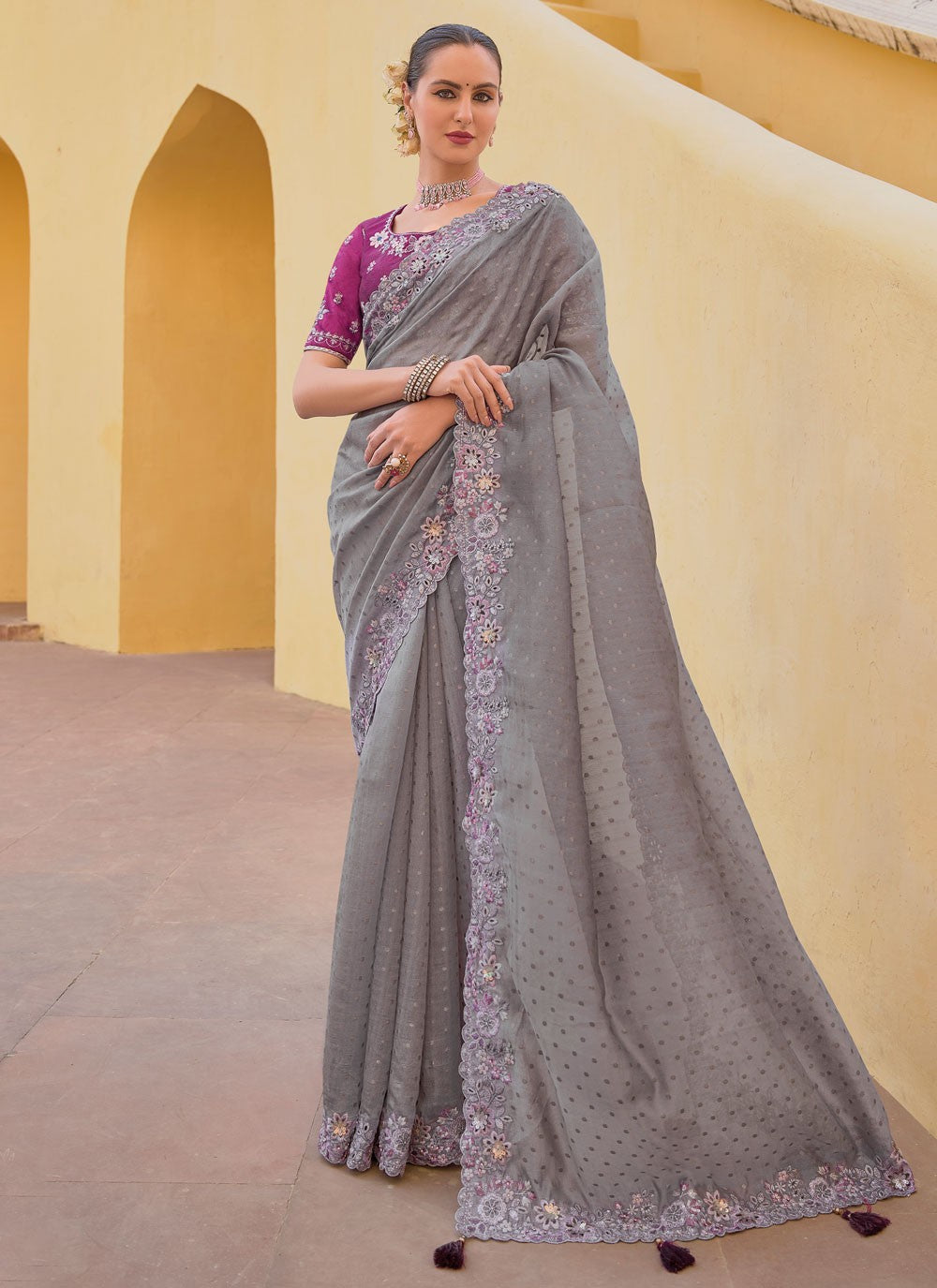 Trendy Cut Work Organza, Silk Saree - S5901