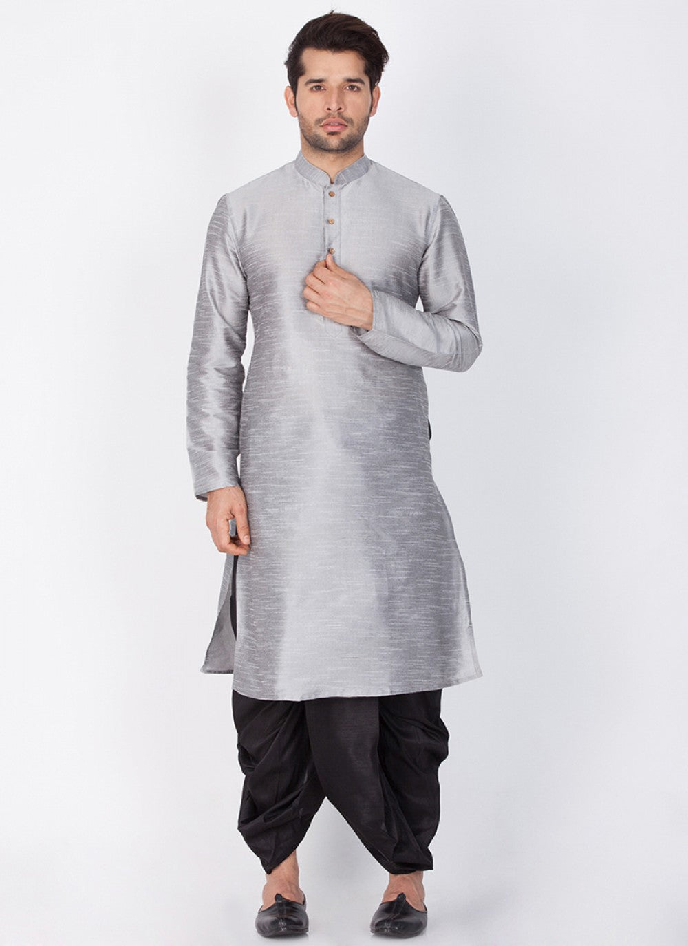 Plain Banarasi Silk Grey Dhoti Kurta - M1346