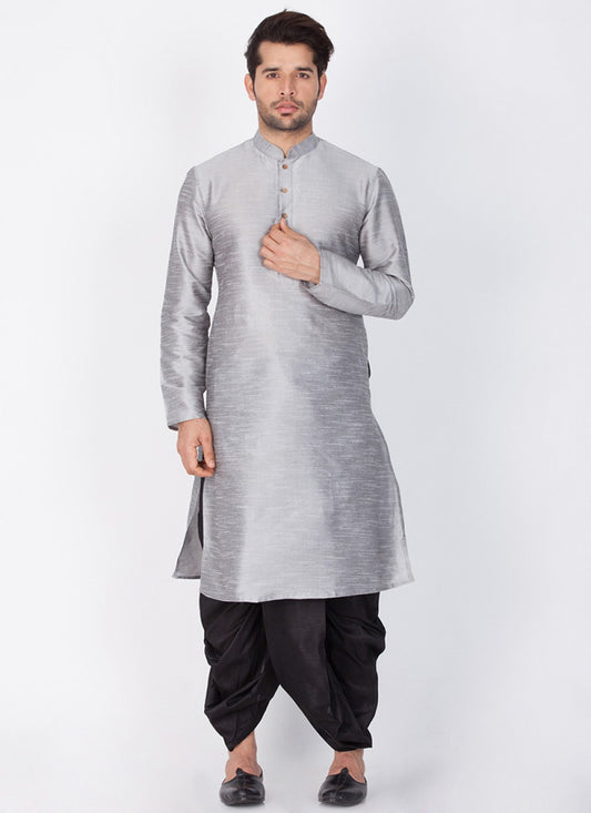 Plain Banarasi Silk Grey Dhoti Kurta - M1346