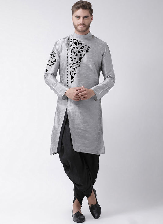 Embroidered Dupion Silk Grey Dhoti Kurta - M2074