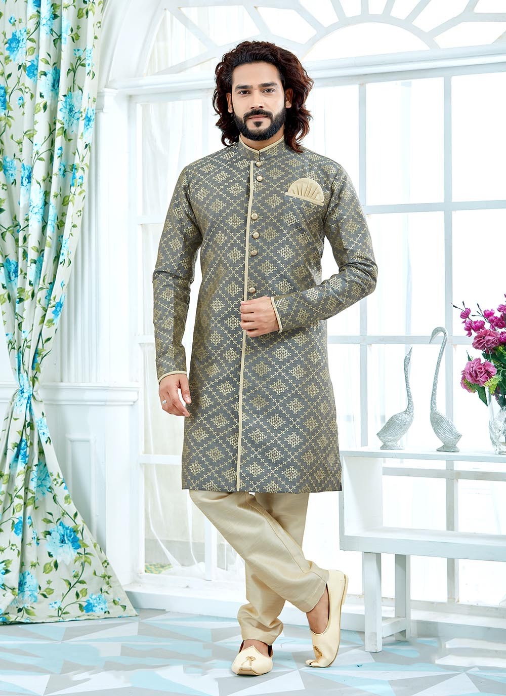 Jacquard Work Jacquard Grey Indo Western - M2116