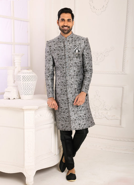 Embroidered Imported, Jacquard Grey Indo Western - M3799