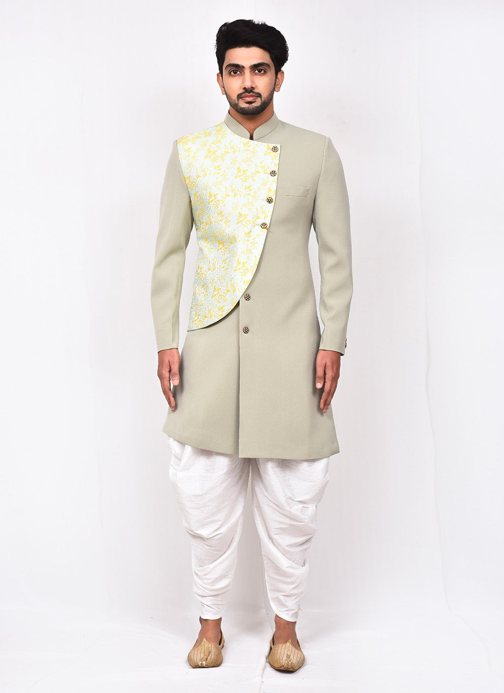 Buttons Jacquard Grey Indo Western Sherwani - M3287