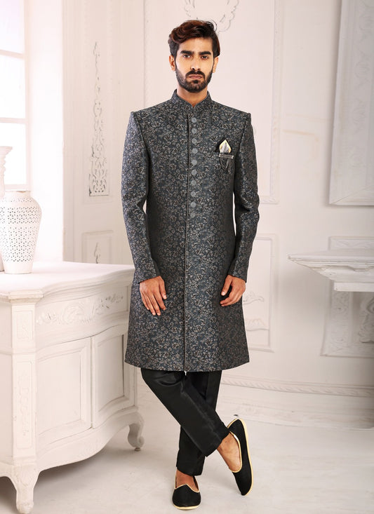 Jacquard Work Imported Grey Indo Western Sherwani - M4001