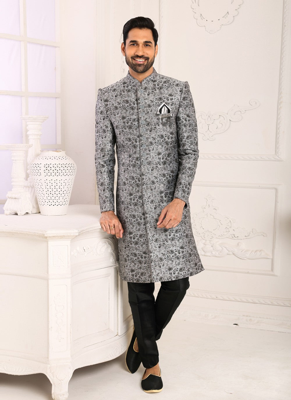 Jacquard Work Imported Grey Indo Western Sherwani - M4002