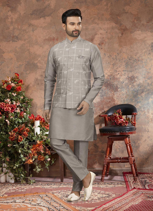 Printed Dupion Silk Grey Kurta Payjama With Jacket - M2902