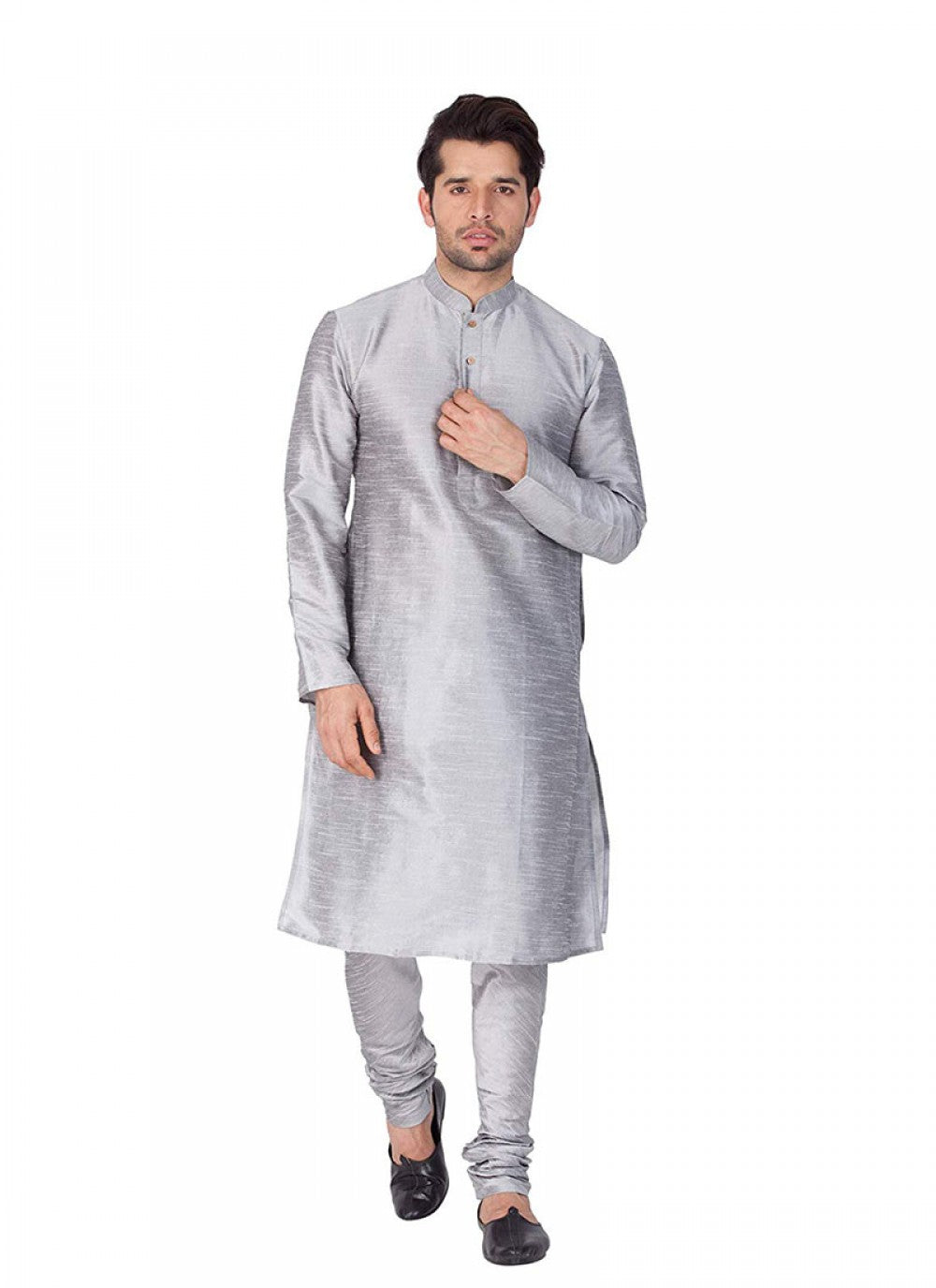 Plain Art Dupion Silk Grey Kurta Pyjama - M1181