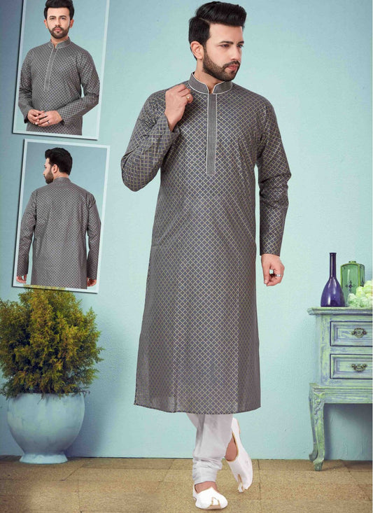 Printed Cotton Silk Grey Kurta Pyjama - M1625