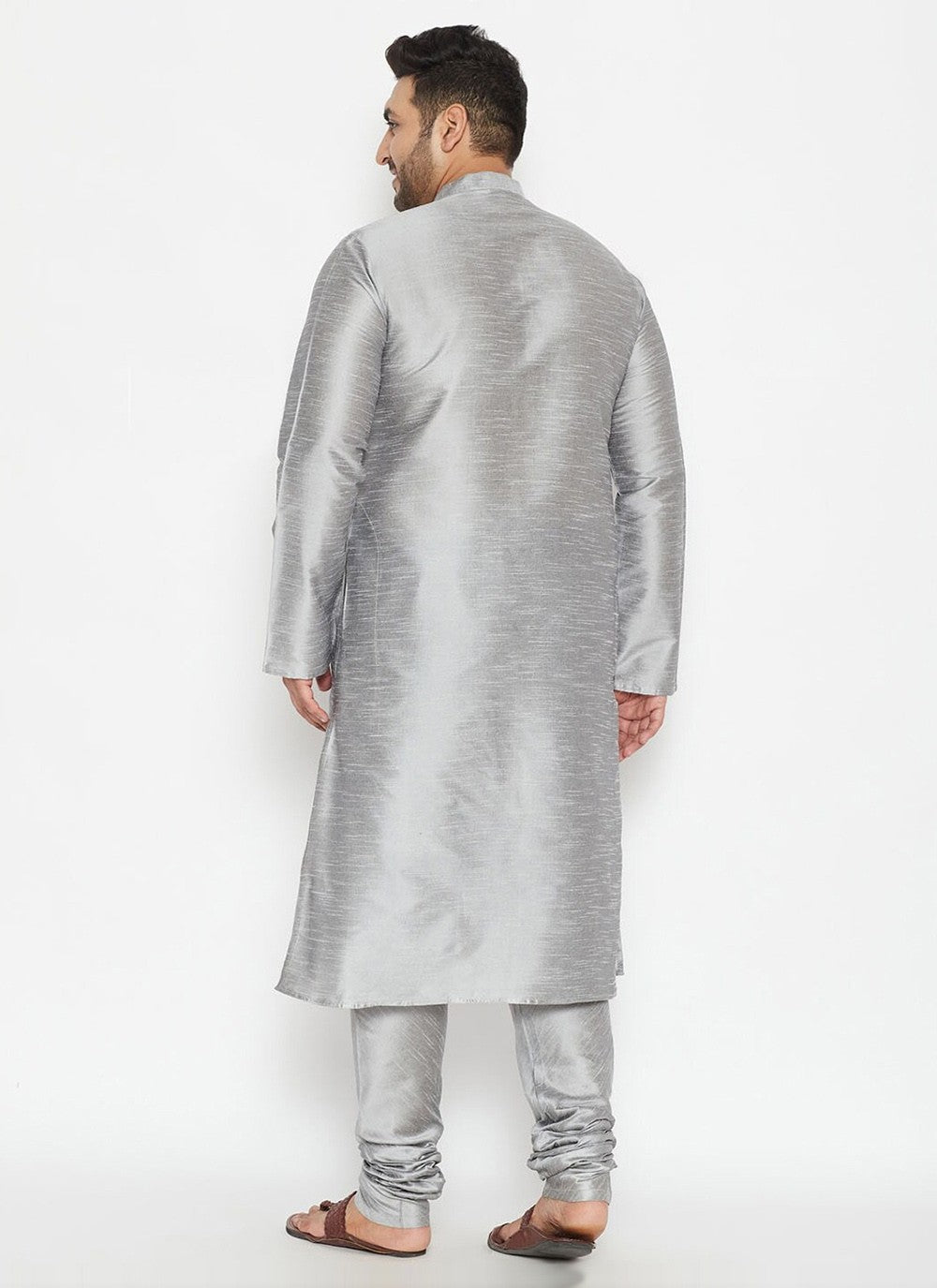 Plain Dupion Silk Grey Kurta Pyjama - M2625