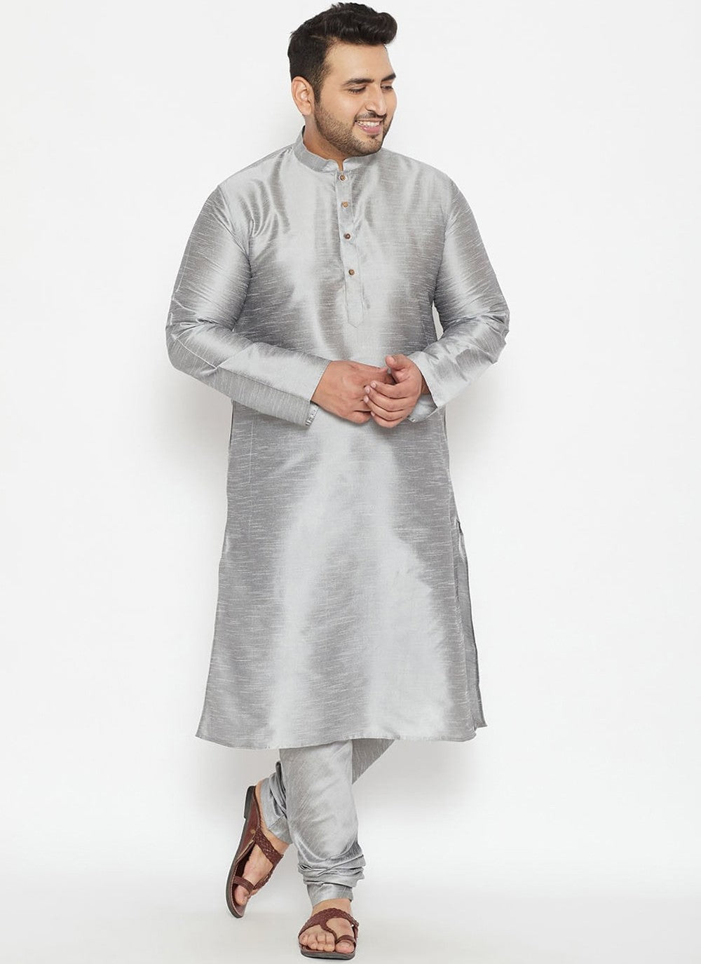 Plain Dupion Silk Grey Kurta Pyjama - M2625