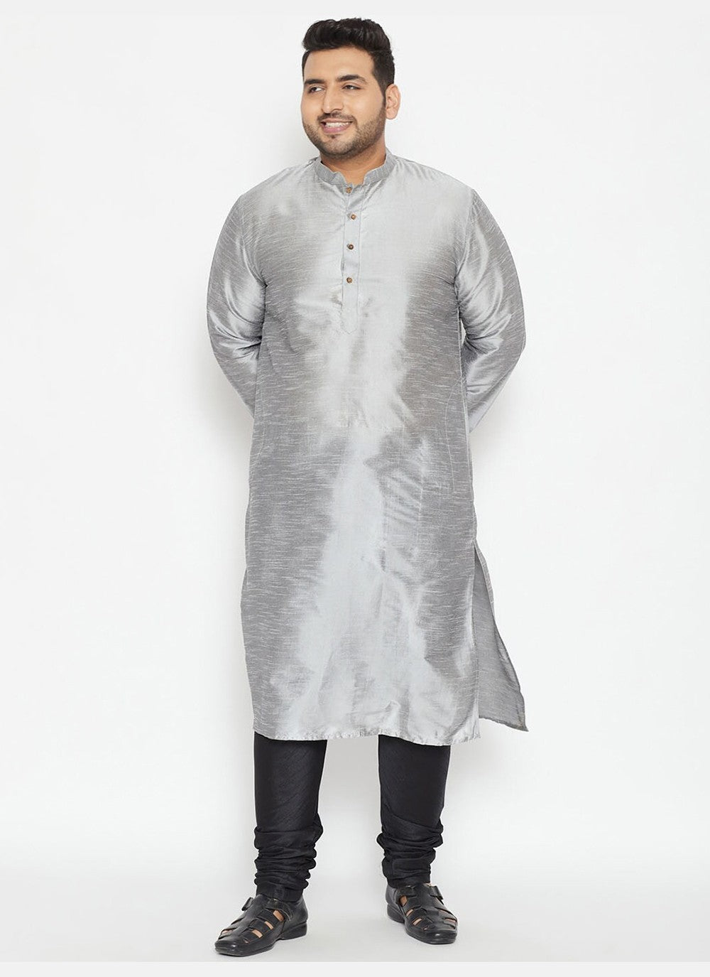 Plain Dupion Silk Grey Kurta Pyjama - M2634