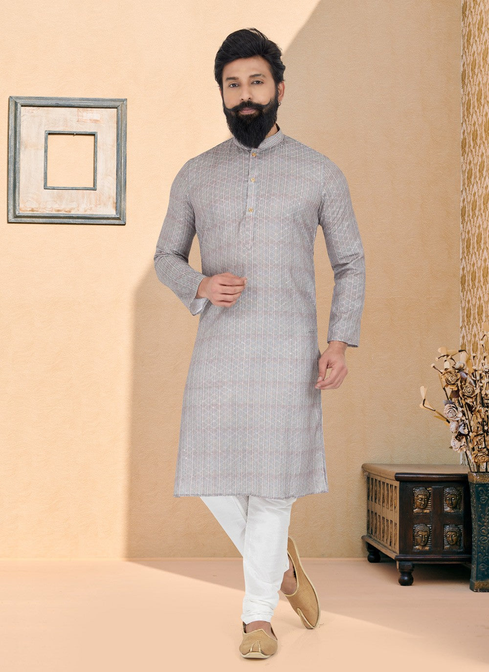 Digital Print Fancy Fabric Grey Kurta Pyjama - M5088