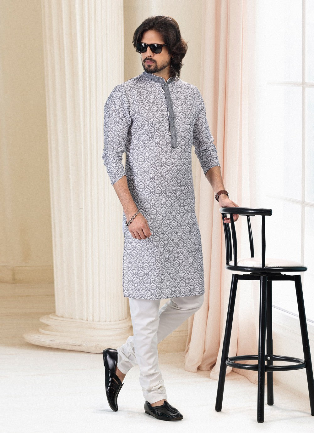 Fancy Work Cotton Grey Kurta Pyjama - M5119