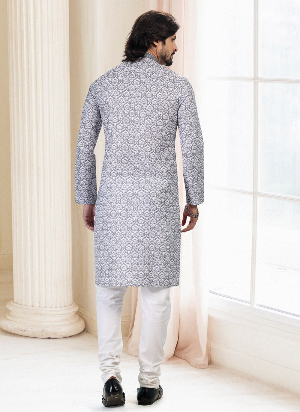 Fancy Work Cotton Grey Kurta Pyjama - M5119