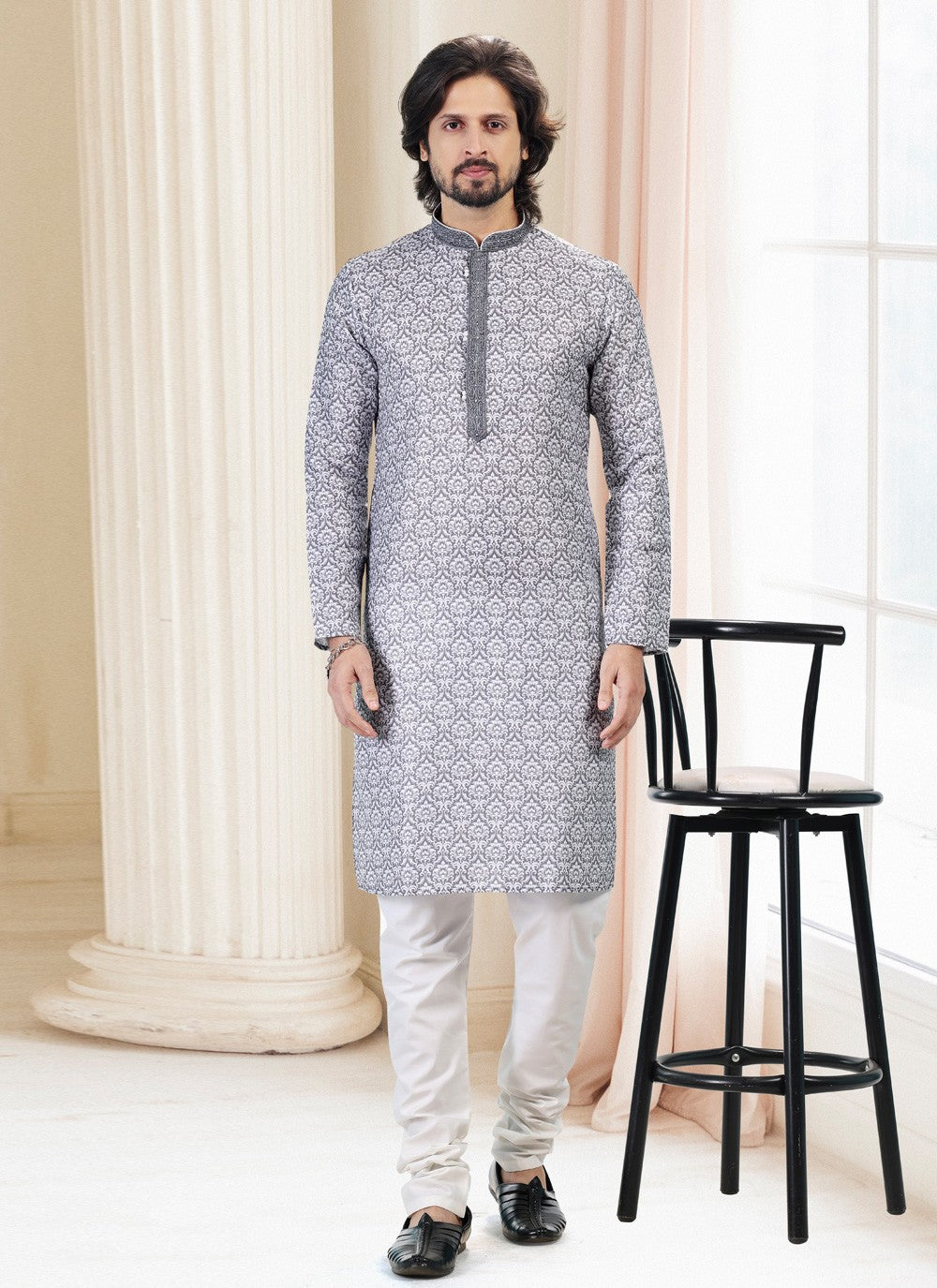 Fancy Work Cotton Grey Kurta Pyjama - M5119