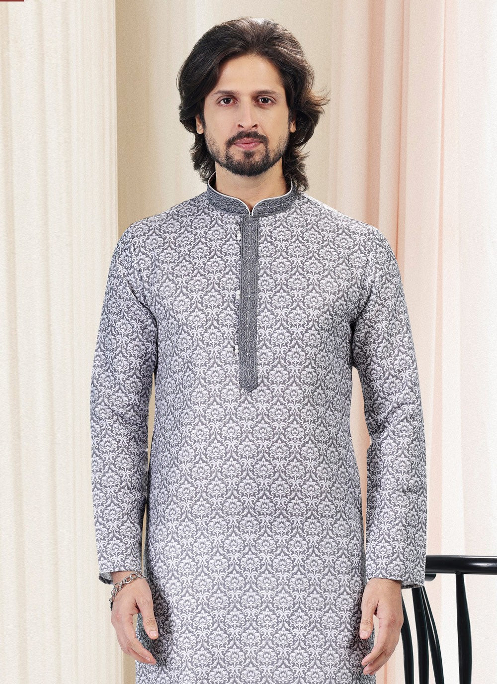 Fancy Work Cotton Grey Kurta Pyjama - M5119