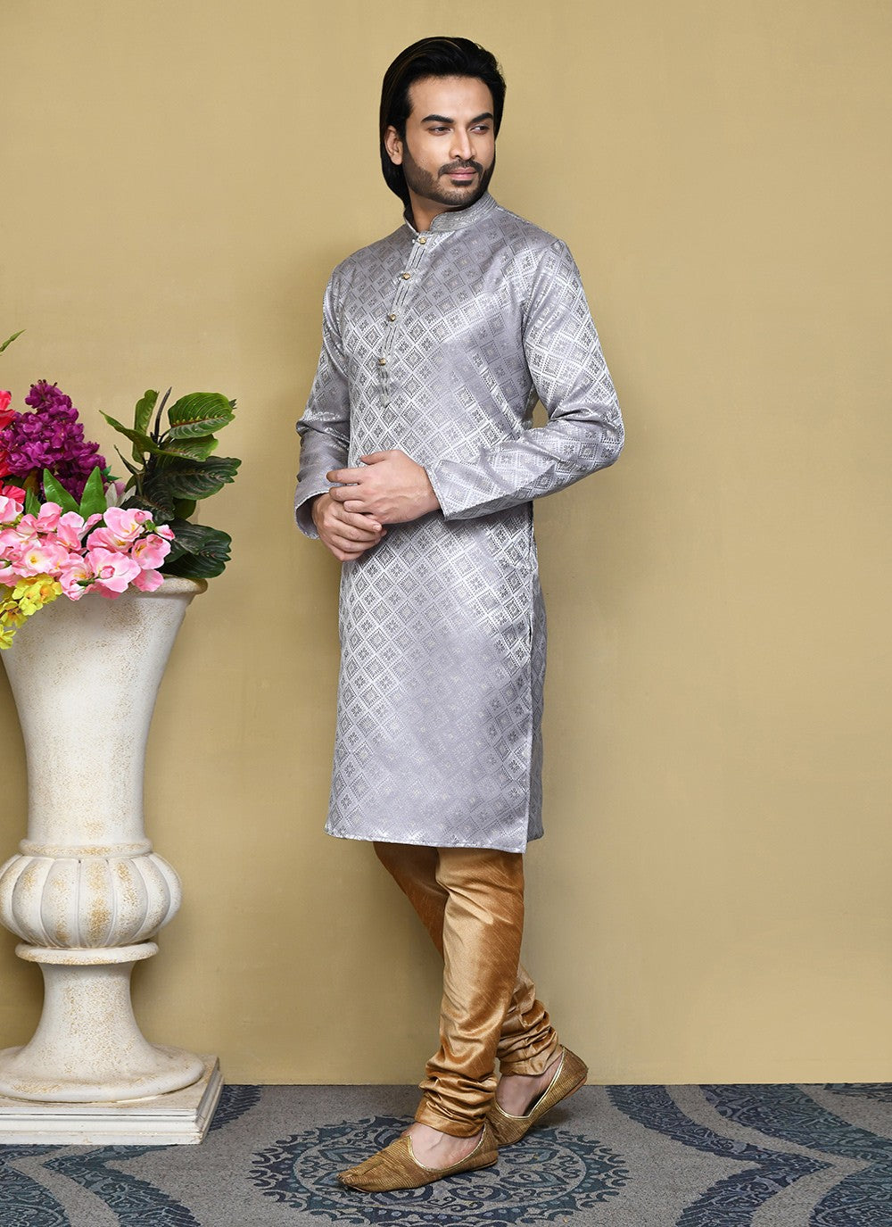 Resham Art Silk Grey Kurta Pyjama - M7851